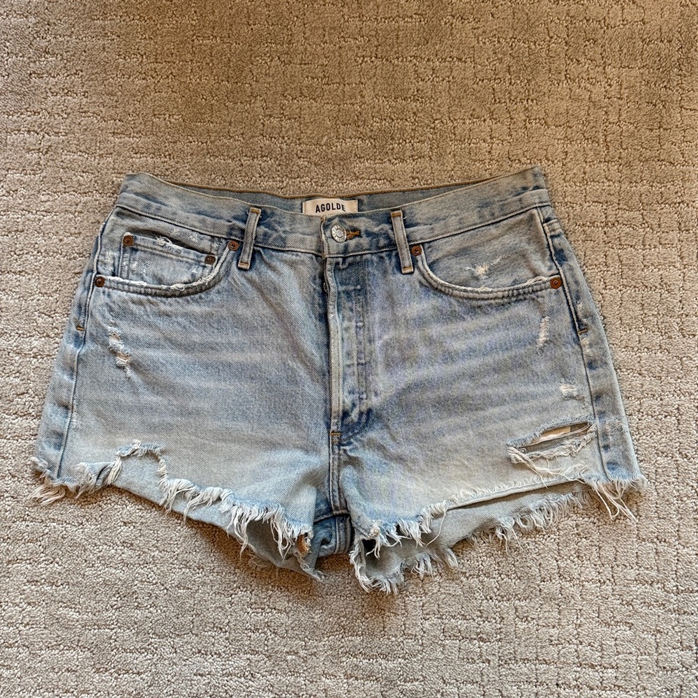Agolde Frayed Hem Jean Shorts - Light Blue